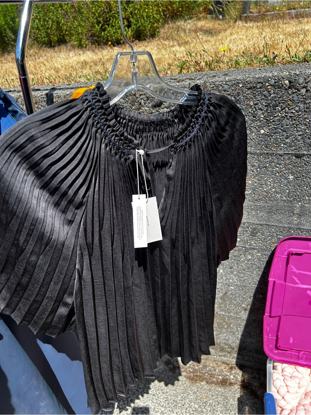Vince Black Pleated Short-Sleeve Blouse
